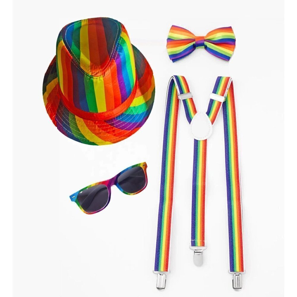 Way to Celebrate Rainbow Pride Hat-Bowtie -Suspenders-Glasses Novelty  4 PC Set